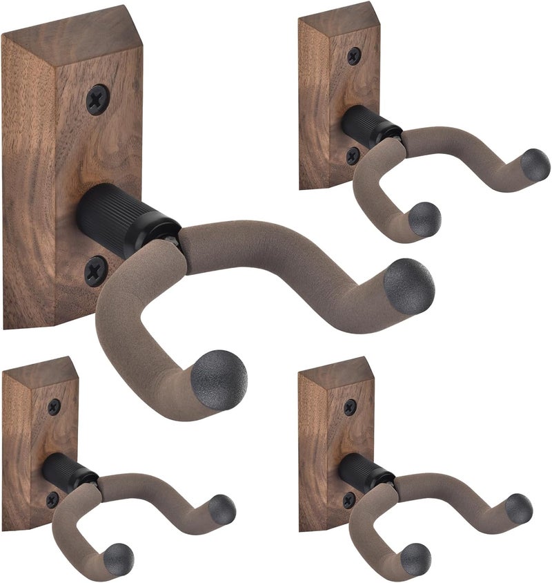 DOMMI Guitar Wall Mount 4 Pack, Guitar Holder with Rotatable Soft Guitar Hook for All Size Guitars, Hardwood U-Shaped Guitar Hanger Wall Mount for Acoustic, Electric Guitar, Bass, Black Walnut - Image 1